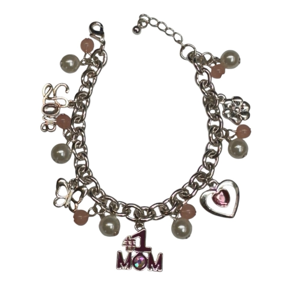Women's Charm Bracelet Silver Tone #1 Mom Rhinestones Pearl Costume Jewelry